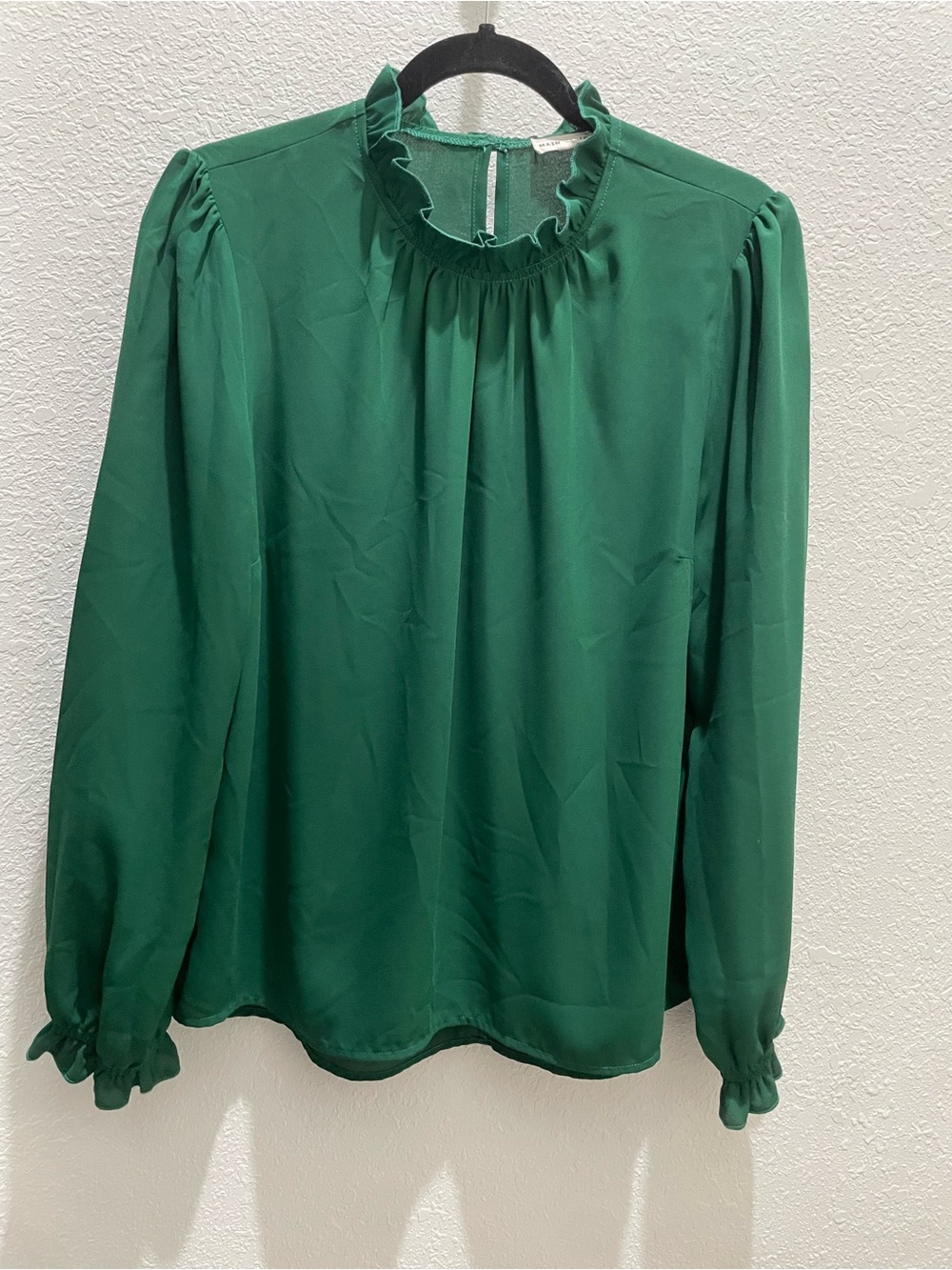 Main Strip Emerald Green Ruffle-Neck Long Sleeve Blouse